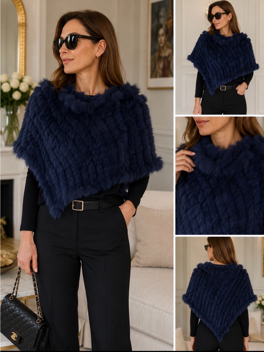Navy Reall Fur Poncho - Elegant Women's Accessory